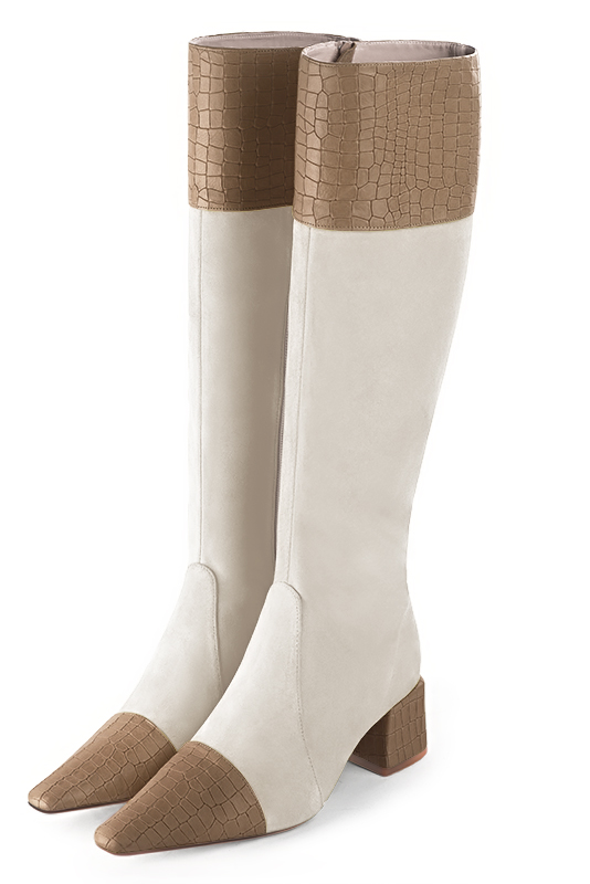 Tan beige and off white women's feminine knee-high boots. Tapered toe. Medium block heels. Made to measure. Front view - Florence KOOIJMAN